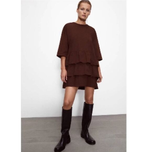 Zara Ruffle Tier Front Bottom Oversized Dress Brown Size S - Picture 1 of 9